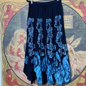 Boho Blue Tie Dye Embroidered Floral Maxi Skirt Mint Green